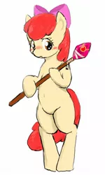 Size: 945x1577 | Tagged: safe, artist:seidouryu, derpibooru import, apple bloom, earth pony, pony, belly button, bipedal, blushing, female, filly, image, jpeg, scepter, simple background, solo, white background