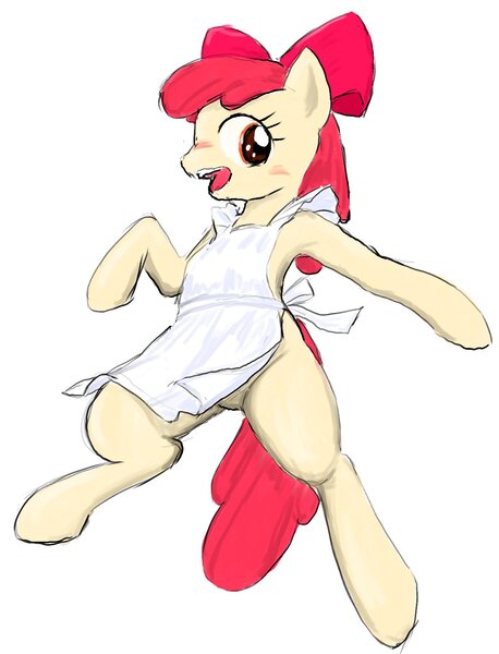 Size: 1202x1576 | Tagged: safe, artist:seidouryu, derpibooru import, apple bloom, earth pony, pony, apron, bipedal, blushing, clothes, female, filly, image, jpeg, naked apron, open mouth, simple background, solo, white background
