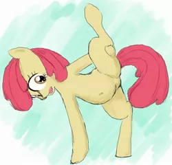 Size: 2600x2492 | Tagged: safe, artist:seidouryu, derpibooru import, apple bloom, earth pony, pony, belly button, female, filly, holding leg, image, jpeg, open mouth, solo, standing on two hooves, yoga