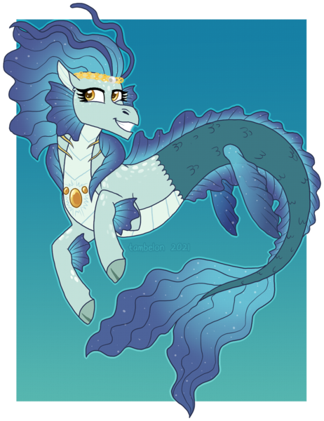 Size: 900x1170 | Tagged: safe, artist:tambelon, derpibooru import, oc, unofficial characters only, siren, blue background, dorsal fin, eyelashes, female, fins, fish tail, flowing mane, flowing tail, gem, image, pearl, png, simple background, smiling, solo, tail, yellow eyes
