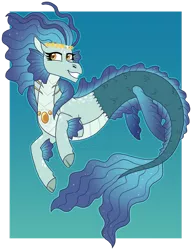 Size: 900x1170 | Tagged: safe, artist:tambelon, derpibooru import, oc, unofficial characters only, siren, blue background, dorsal fin, eyelashes, female, fins, fish tail, flowing mane, flowing tail, gem, image, pearl, png, simple background, smiling, solo, tail, yellow eyes