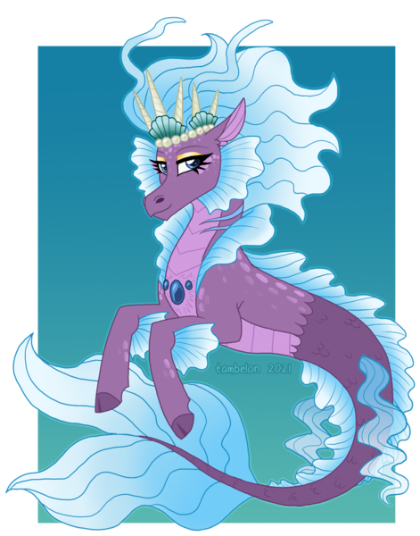 Size: 900x1147 | Tagged: safe, artist:tambelon, derpibooru import, oc, unofficial characters only, siren, blue background, blue eyes, blue mane, crown, dorsal fin, eyelashes, female, fins, fish tail, flowing mane, flowing tail, gem, image, jewelry, png, regalia, seashell, simple background, smiling, solo, tail