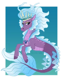 Size: 900x1147 | Tagged: safe, artist:tambelon, derpibooru import, oc, unofficial characters only, siren, blue background, blue eyes, blue mane, crown, dorsal fin, eyelashes, female, fins, fish tail, flowing mane, flowing tail, gem, image, jewelry, png, regalia, seashell, simple background, smiling, solo, tail