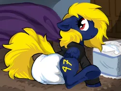 Size: 1280x960 | Tagged: suggestive, artist:onc3l3rphobix, derpibooru import, oc, oc:naveen numbers, unofficial characters only, pony, 47, clothes, diaper, diaper fetish, diaper package, fetish, hoodie, image, jpeg, scrunchy face