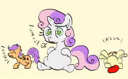 Size: 1079x668 | Tagged: safe, artist:noupu, derpibooru import, apple bloom, scootaloo, sweetie belle, earth pony, pegasus, pony, unicorn, belly, big belly, cutie mark crusaders, fat, female, filly, image, japanese, jpeg, lying down, moon runes, not pregnant, on back, overeating, scootaloo can't fly, sitting, stuffed, translation request