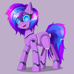 Size: 2500x2500 | Tagged: safe, artist:nihithebrony, derpibooru import, oc, oc:love letter, pony, robot, robot pony, blue eyes, colored pupils, female, glowing eyes, image, looking at you, mare, original art, original character do not steal, png, purple, purple background, simple background, smiling, smiling at you