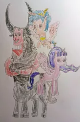 Size: 411x625 | Tagged: safe, artist:wudaiblackhole95, derpibooru import, cozy glow, lord tirek, starlight glimmer, image, png, traditional art