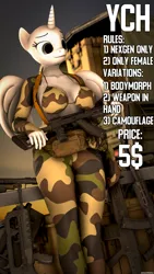 Size: 1440x2560 | Tagged: suggestive, artist:arcanetesla, derpibooru import, oc, anthro, unicorn, 3d, ak-74, ak-74m, breasts, camouflage, car, commission, famas, female, image, m4a1, png, smiling, source filmmaker, weapon, ych example, your character here