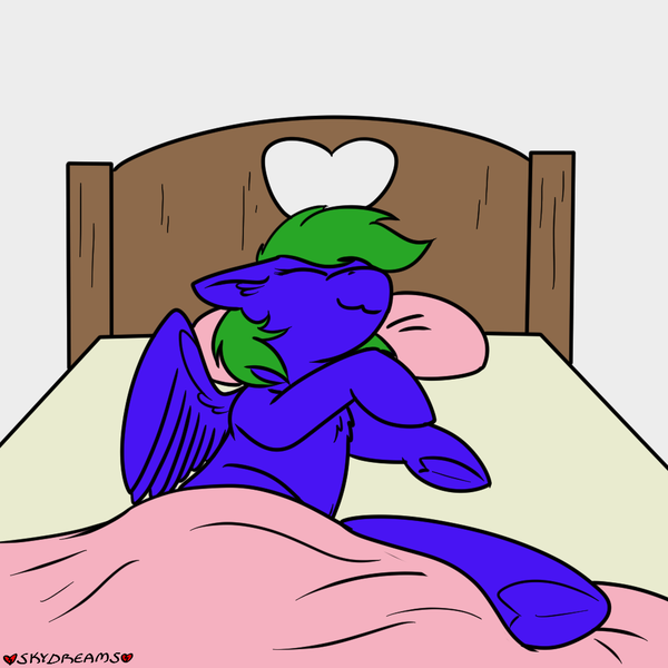 Size: 1000x1000 | Tagged: safe, artist:skydreams, derpibooru import, oc, oc:aqua grass, unofficial characters only, pegasus, pony, :3, bed, chest fluff, female, heart, heart shaped hooves, image, mare, patreon, patreon reward, pegasus oc, pillow, png, sleeping, wings