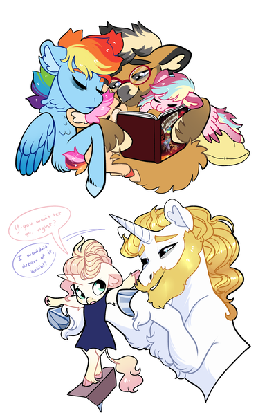 Size: 1800x2800 | Tagged: safe, artist:loryska, derpibooru import, prince blueblood, quibble pants, rainbow dash, oc, oc:conundrum solar flare, oc:marshmallow kiss, oc:plumeria, pony, beard, book, facial hair, female, filly, image, male, offspring, parent:prince blueblood, parent:quibble pants, parent:rainbow dash, parent:sapphire shores, parents:quibbledash, png, quibbledash, shipping, simple background, straight, white background