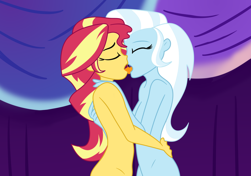 Size: 2700x1900 | Tagged: questionable, artist:deadinside97, derpibooru import, sunset shimmer, trixie, equestria girls, delicious flat chest, female, hug, image, kissing, lesbian, nudity, png, shipping, sunflat shimmer, suntrix