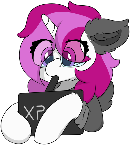 Size: 4548x5067 | Tagged: safe, artist:skylarpalette, derpibooru import, oc, oc:skylar palette, unofficial characters only, pony, unicorn, bust, cheek fluff, clothes, concentrating, cute, drawing, drawing tablet, ear fluff, female, fluffy, focused, glasses, hoodie, hoof fluff, horn, image, mare, png, simple background, simple shading, transparent background, unicorn oc