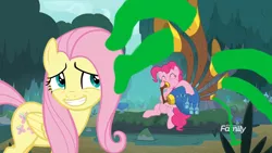 Size: 800x450 | Tagged: safe, derpibooru import, edit, edited screencap, screencap, fluttershy, pinkie pie, yakity-sax, 1000 hours in ms paint, discovery family logo, duo, image, png, puffy cheeks, snot, snot edit, yovidaphone