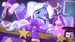 Size: 7680x4320 | Tagged: safe, artist:calveen, derpibooru import, starlight glimmer, trixie, pony, unicorn, 3d, alternate hairstyle, babysitter trixie, card, chest, clothes, duo, duo female, female, hat, hoodie, image, jpeg, mouth hold, source filmmaker, stage, stars, trixie's hat