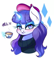 Size: 900x1000 | Tagged: safe, artist:melliedraws, derpibooru import, rarity, pony, unicorn, beanie, beatnik rarity, beret, clothes, coffee, coffee cup, cup, glowing horn, hat, horn, image, magic, png, sweater, telekinesis