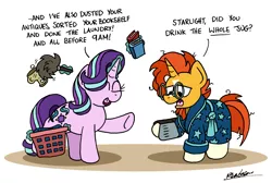 Size: 2452x1652 | Tagged: safe, artist:bobthedalek, derpibooru import, starlight glimmer, sunburst, pony, unicorn, atg 2021, bathrobe, book, caffeine, clothes, coffee pot, duster, female, image, implied coffee, laundry basket, magic, male, newbie artist training grounds, png, robe, shipping, starburst, straight, telekinesis, trophy