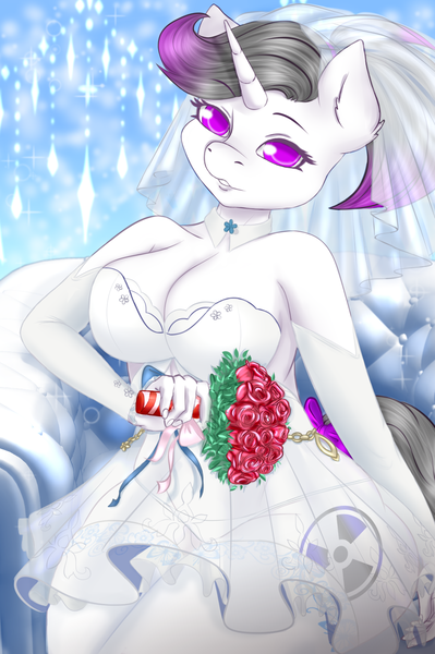 Size: 980x1472 | Tagged: suggestive, alternate version, artist:jerraldina, derpibooru import, oc, oc:hazel radiate, unofficial characters only, anthro, unicorn, anthro oc, bouquet, bow, breasts, bride, busty oc, butt, choker, clothes, commission, commissioner:biohazard, dress, evening gloves, eyebrows, eyebrows visible through hair, eyelashes, flower, gloves, highlights, horn, image, large butt, long gloves, looking at you, no pupils, panties, png, ponytail, ribbon, rose, see-through, sexy, shoulderless, sitting, socks, stockings, tail bow, thigh highs, thighs, thunder thighs, underwear, unicorn oc, veil, wedding dress, ych result