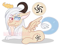 Size: 1477x1137 | Tagged: safe, artist:maiii-san, derpibooru import, oc, unofficial characters only, draconequus, blushing, draconequus oc, heterochromia, horns, image, lying down, png, prone, simple background, smiling, solo, transparent background, wings