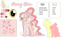 Size: 3188x1944 | Tagged: safe, artist:maiii-san, derpibooru import, oc, oc:cherry bloom, unofficial characters only, pony, unicorn, eye, female, glowing horn, horn, image, mare, png, reference sheet, silhouette, simple background, solo, transparent background