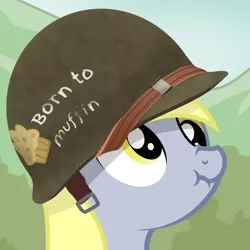 Size: 3000x3000 | Tagged: safe, artist:pizzamovies, derpibooru import, derpy hooves, pegasus, pony, born to kill, bust, clothes, female, food, full metal jacket, helmet, image, mare, meme, muffin, png, scrunchy face, solo, war