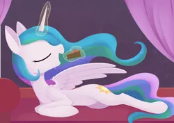 Size: 1394x988 | Tagged: safe, artist:dusthiel, derpibooru import, princess celestia, alicorn, pony, atg 2021, cake, cake slice, cakelestia, eyes closed, female, food, image, lying down, magic, mare, newbie artist training grounds, open mouth, png, solo, telekinesis