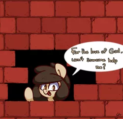 Size: 2500x2432 | Tagged: safe, alternate version, artist:lou, derpibooru import, oc, oc:louvely, brick wall, commission, edgar allan poe, funny, image, immurement, meme, png, solo, the cask of amontillado, wall