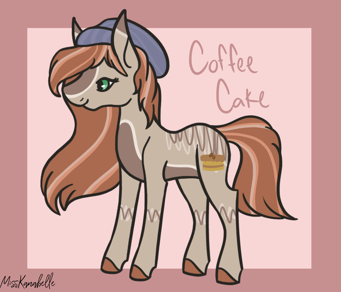 Size: 1750x1500 | Tagged: safe, artist:misskanabelle, derpibooru import, oc, oc:coffee cake, unofficial characters only, earth pony, pony, abstract background, beanie, colored hooves, earth pony oc, female, hat, image, mare, offspring, parent:carrot cake, parent:cup cake, parents:carrot cup, png, signature