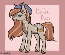 Size: 1750x1500 | Tagged: safe, artist:misskanabelle, derpibooru import, oc, oc:coffee cake, unofficial characters only, earth pony, pony, abstract background, beanie, colored hooves, earth pony oc, female, hat, image, mare, offspring, parent:carrot cake, parent:cup cake, parents:carrot cup, png, signature