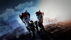 Size: 3840x2160 | Tagged: safe, derpibooru import, oc, oc:blackjack, oc:littlepip, cyborg, pony, unicorn, fallout equestria, fallout equestria: project horizons, 3d, augmented, fanfic art, image, jpeg, pipbuck, post-apocalyptic, red and black mane, red and black oc, source filmmaker