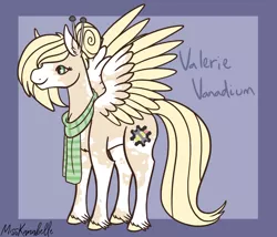 Size: 1750x1500 | Tagged: safe, artist:misskanabelle, derpibooru import, oc, oc:valerie vanadium, unofficial characters only, pegasus, pony, abstract background, clothes, hairpin, image, offspring, parent:derpy hooves, parent:doctor whooves, parents:doctorderpy, pegasus oc, png, scarf, signature, two toned wings, unshorn fetlocks, wings