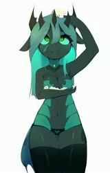 Size: 2404x3764 | Tagged: suggestive, artist:magnaluna, derpibooru import, queen chrysalis, anthro, changeling, changeling queen, mouse, belly button, breasts, clothes, female, image, jpeg, open mouth, panties, socks, stockings, thigh highs, underwear