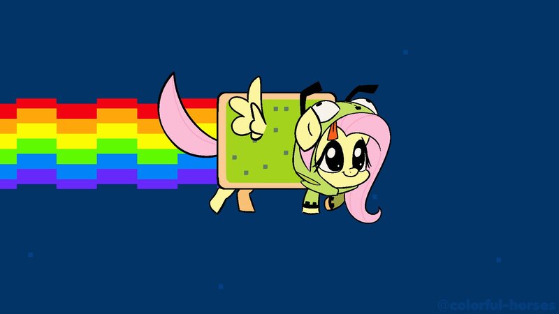 Size: 1920x1080 | Tagged: safe, artist:syrupyyy, derpibooru import, fluttershy, pegasus, pony, antonymph, clothes, cute, female, fluttgirshy, hoodie, image, invader zim, jpeg, mare, meme, nyan cat, rainbow, shyabetes, solo, vylet pony