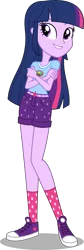 Size: 5251x15586 | Tagged: safe, artist:alandssparkle, derpibooru import, twilight sparkle, twilight sparkle (alicorn), alicorn, human, equestria girls, belt, camp everfree outfits, clothes, clothes swap, crossed arms, denim shorts, female, happy, hot pants, image, looking at you, multicolored hair, png, purple eyes, purple skin, shirt, shoes, shorts, simple background, smiling, sneakers, socks, solo, solo female, t-shirt, tomboy, transparent background, vector