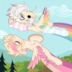 Size: 1080x1080 | Tagged: safe, artist:fluffponee, derpibooru import, oc, unofficial characters only, pegasus, pony, clothes, cloud, duo, ear piercing, earring, eyelashes, eyes closed, flying, gay, hoof polish, image, jewelry, jpeg, lip piercing, male, outdoors, pegasus oc, piercing, smiling, socks, stallion, striped socks, tree, two toned wings, wings