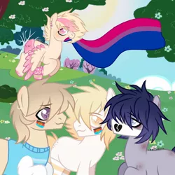 Size: 1080x1080 | Tagged: safe, artist:fluffponee, derpibooru import, oc, unofficial characters only, earth pony, pegasus, pony, bisexual pride flag, clothes, ear piercing, earth pony oc, face mask, flying, hoof polish, image, jpeg, male, mask, outdoors, pegasus oc, piercing, pride, pride flag, signature, socks, stallion, striped socks, tattoo, tree, wings