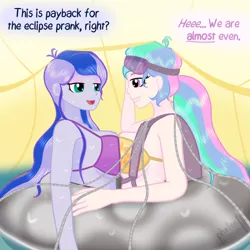 Size: 1000x1000 | Tagged: suggestive, artist:phallen1, derpibooru import, princess celestia, princess luna, equestria girls, bikini, breasts, clothes, covered, dialogue, goggles, image, inner tube, jpeg, parachute, prank, principal celestia, swimsuit, symmetrical docking, under the covers, vice principal luna, wet, wet hair