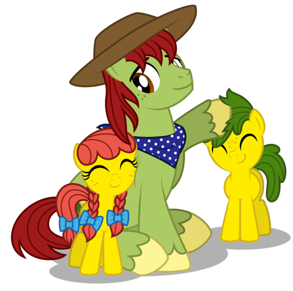 Size: 1600x1590 | Tagged: safe, artist:aleximusprime, derpibooru import, tex, oc, oc:annie smith, oc:apple chip, flurry heart's story, apple twins, clothes, cowboy hat, father, father and child, father and daughter, father and son, father's day, female, hat, image, male, noogie, nuzzles, nuzzling, offspring, parent:applejack, parents:texjack, parent:tex, png, scarf, siblings, stetson, twins