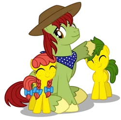 Size: 1600x1590 | Tagged: safe, artist:aleximusprime, derpibooru import, tex, oc, oc:annie smith, oc:apple chip, flurry heart's story, apple twins, clothes, cowboy hat, father, father and child, father and daughter, father and son, father's day, female, hat, image, male, noogie, nuzzles, nuzzling, offspring, parent:applejack, parents:texjack, parent:tex, png, scarf, siblings, stetson, twins
