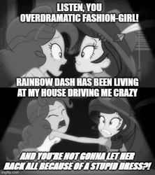 Size: 500x562 | Tagged: safe, derpibooru import, edit, edited screencap, screencap, pinkie pie, rarity, equestria girls, equestria girls series, rarity investigates: the case of the bedazzled boot, black and white, can you spare a dime?, choose your own ending (season 1), fedora, grabbing, grayscale, hat, image, implied rainbow dash, jpeg, monochrome, rarity investigates (eqg): pinkie pie, spongebob squarepants, yelling