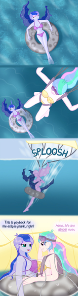 Size: 800x3047 | Tagged: suggestive, artist:phallen1, derpibooru import, princess celestia, princess luna, equestria girls, breasts, busty princess celestia, busty princess luna, comic, covered, dialogue, image, inner tube, jpeg, landing, parachute, prank, principal celestia, skydiving, splash, sunbathing, symmetrical docking, vice principal luna, wet hair