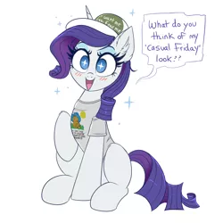 Size: 4000x4000 | Tagged: safe, artist:confetticakez, derpibooru import, rarity, pony, unicorn, blushing, cap, casual friday, clothes, ear fluff, fashion disaster, female, garfield, hat, image, mare, png, shirt, simple background, solo, speech bubble, starry eyes, t-shirt, white background, wingding eyes