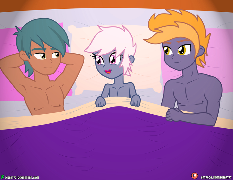 Size: 4000x3090 | Tagged: suggestive, artist:dieart77, derpibooru import, carlos thunderbolt, oc, oc:azure/sapphire, oc:night archive, equestria girls, bed, crossdressing, femboy, gay, group sex, image, jpeg, makeup, male, sex, threesome