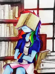 Size: 2598x3472 | Tagged: safe, artist:liaaqila, derpibooru import, rainbow dash, equestria girls, book on head, crossed arms, image, jpeg, solo