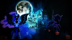 Size: 3265x1837 | Tagged: safe, artist:wild-woelfchen, derpibooru import, nightmare moon, tantabus, alicorn, pony, canterlot castle, eyes closed, full moon, halloween, holiday, image, jack-o-lantern, jpeg, laughing, moon, pumpkin, wallpaper