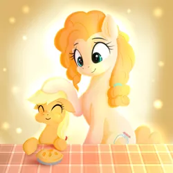 Size: 2000x2000 | Tagged: safe, artist:darksly, derpibooru import, applejack, pear butter, earth pony, pony, cute, eating, eyes closed, female, filly, filly applejack, food, freckles, image, jpeg, mare, mother and child, mother and daughter, newbie artist training grounds, pie, puffy cheeks, younger