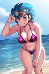 Size: 800x1200 | Tagged: suggestive, artist:tzc, derpibooru import, indigo zap, human, absolute cleavage, beach, belly button, big breasts, bikini, bikini bottom, bikini top, blushing, breasts, busty indigo zap, cleavage, clothes, curvy, ear piercing, earring, female, goggles, humanized, image, jewelry, jpeg, looking at you, micro bikini, ocean, piercing, sexy, solo, solo female, stupid sexy indigo zap, swimsuit, thigh gap, thighs, thong swimsuit, water, wet, wide hips