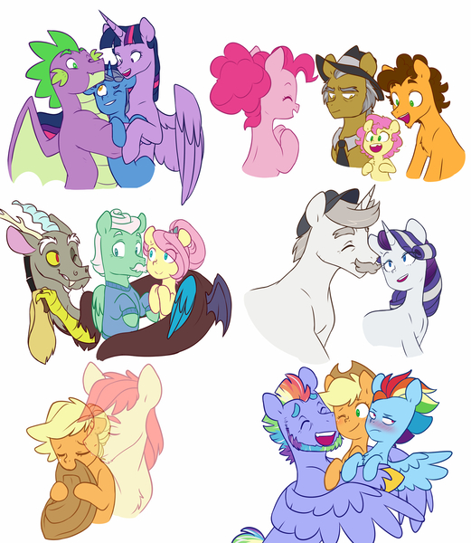 Size: 1600x1844 | Tagged: safe, artist:chub-wub, derpibooru import, applejack, bow hothoof, bright mac, cheese sandwich, discord, fluttershy, gentle breeze, hondo flanks, igneous rock pie, li'l cheese, night light, pinkie pie, rainbow dash, rarity, spike, twilight sparkle, dragon, earth pony, pegasus, unicorn, the last problem, appledash, cheesepie, discoshy, father and child, father and daughter, father and son, father's day, female, grandfather and grandchild, hug, image, jpeg, lesbian, male, older, older spike, shipping, straight, winged spike