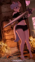 Size: 2160x3840 | Tagged: safe, artist:phenioxflame, derpibooru import, oc, oc:steamy, anthro, unicorn, 3d, clothes, fire, high heels, image, png, shoes, shorts, solo, source filmmaker, sword, weapon