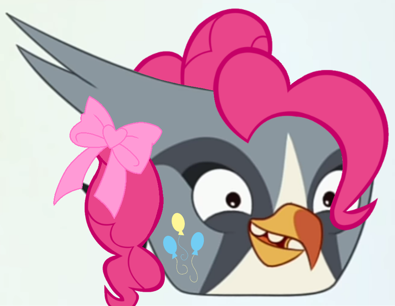 Size: 949x736 | Tagged: safe, artist:muhammad yunus, derpibooru import, pinkie pie, bird, falcon, amused, angry birds, balloon, bow, crossover, cutie mark, hair, hair bow, happy, image, open mouth, open smile, png, silver (angry birds), smiling, solo, teeth, wide eyes