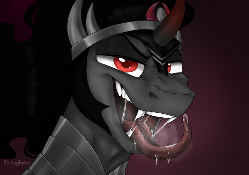 Size: 3026x2127 | Tagged: suggestive, alternate version, artist:2k.bugbytes, ponybooru import, king sombra, pony, unicorn, drool, fangs, image, looking at you, maw, mawshot, open mouth, png, simple background, solo, tongue out